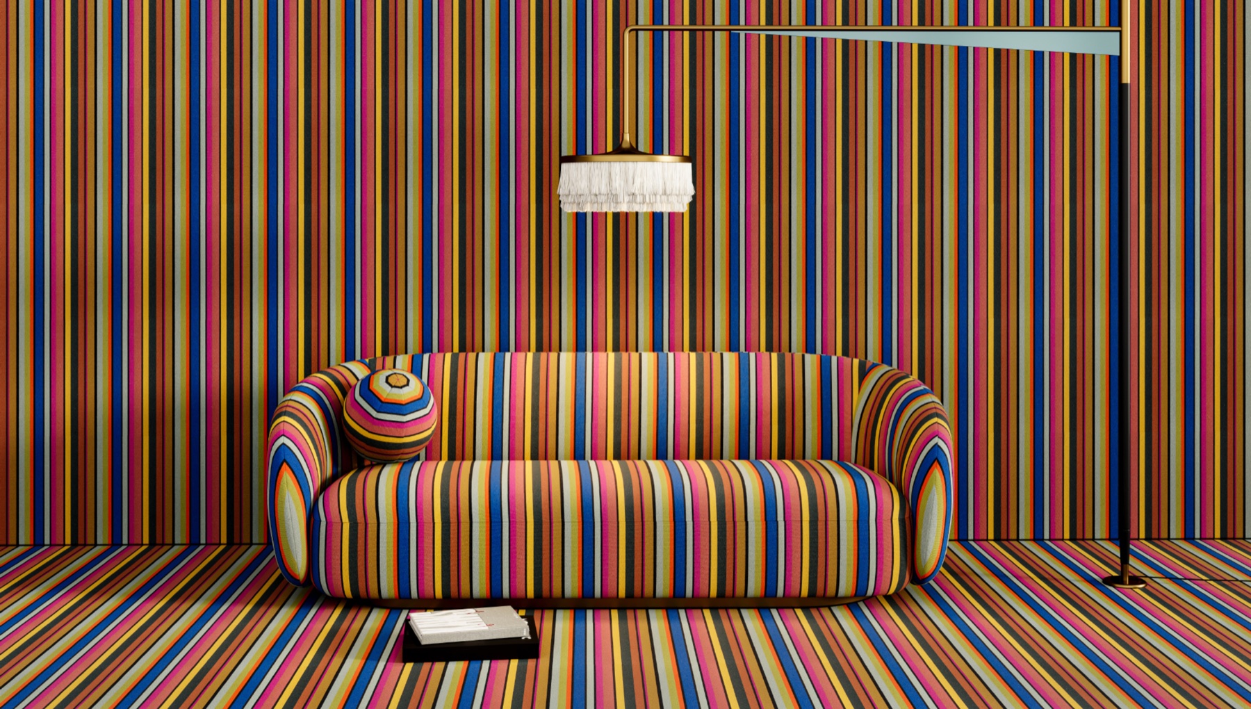 ADO Goldkante: a sofa, walls and floor connected by a multicoloured stripe pattern